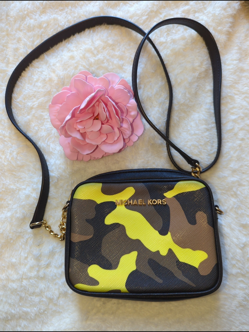 Michael Kors Black Neon Camo Mini Leather Crossbody with Gold-Tone Zipper Edgy